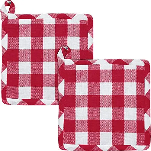 REDBEST Topflappen, Topfuntersetzer karo 2er-Pack, hitzebeständig, 100% Baumwolle rot Größe 20x20 cm - praktische Schlaufe, strapazierstark und langlebig