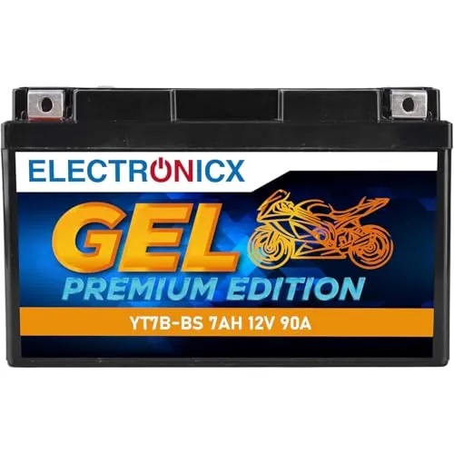 Electronicx, GEL, Motorradbatterie YT7B-BS 12V 7Ah 90A Starterbatterie wartungsfrei, versiegelt, kompakt, auslaufsicher und vibrationsfest. Ideal für Roller, Quad und Motorrad - Maße:150x65x93mm