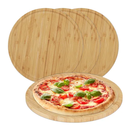 Rundes Pizzateller Set aus Holz in braun von Relaxdays