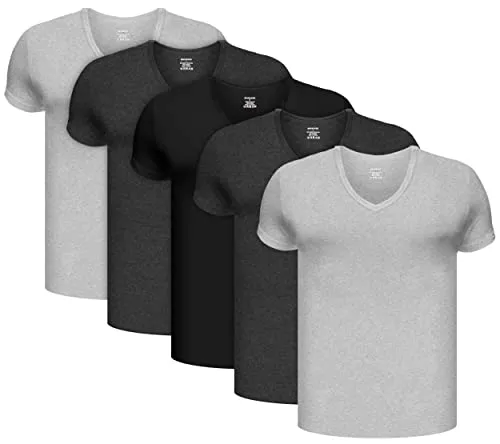 BRUBAKER Herren Unterziehshirt V-Neck Kurzarm - 5er-Pack Baumwoll T-Shirts - Unterhemden in Schwarz, Anthrazit und Hellgrau, extra lang und nahtlos für höchsten Tragekomfort - ideal als Unterwäsche oder lässiges Basic.