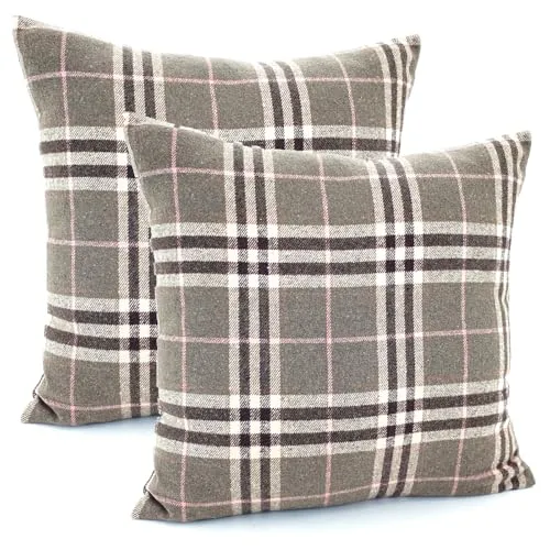 heimtexland ® 2er Set Dekokissen mit Woll-Charakter Tartan kariert Kissen Schotten-Karo Deko Kissenhülle 45x45 cm Doppelpack Typ899 Khaki-rosa