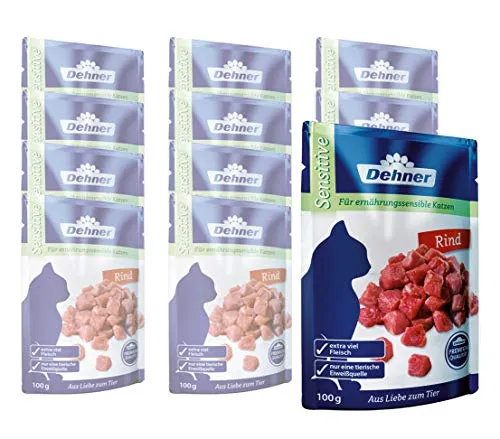 Dehner Premium Katzenfutter Adult, Sensitive, Rind im Beutel, 12 x 100 g (1.2 kg)