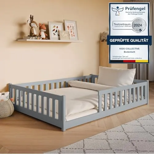 Kids Collective Kinderbett 140x200 cm mit Rausfallschutz - Betten: Sicheres Montessori-Bodenbett aus FSC-zertifiziertem Kiefernholz mit abnehmbarem Rausfallschutz und stabilem Lattenrost für ein unbeschwertes Schlafvergnügen.