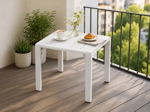 MeXo Aluminium Couchtisch mit Polywood Tischplatte in Weiß in weiß von MeXo