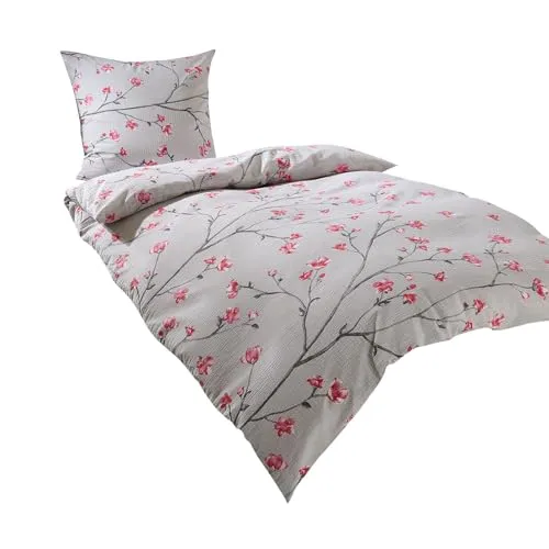 TRAUMSCHLAF Bettwäsche Melbourne, 2-teilig - Bettwäsche-Sets aus hochwertigem Seersucker in grau mit floralem Motiv, ideal für den Sommer, pflegeleicht und bequem.