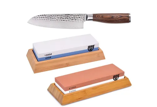 GRÄWE Damastmesser-Set mit Wetzsteinen - Chinesisches Kochmesser-Set mit scharfem Damaszener Santokumesser und hochwertigen Wetzsteinen für präzise Klingenschärfe. Ideal für professionelle und Hobbyköche.