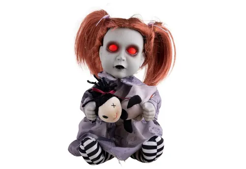 Funny Fashion Dekoobjekt Halloween 'Geisterpuppe mit Teddybär' - Gruselige Dekofigur für Halloween: Die „Geisterpuppe mit Teddybär“ begeistert mit beweglichen Teilen und schaurigen Geräuschen. Ideal für eine unheimliche Atmosphäre bei Ihrer Halloween-Party oder im Eingangsbereich.