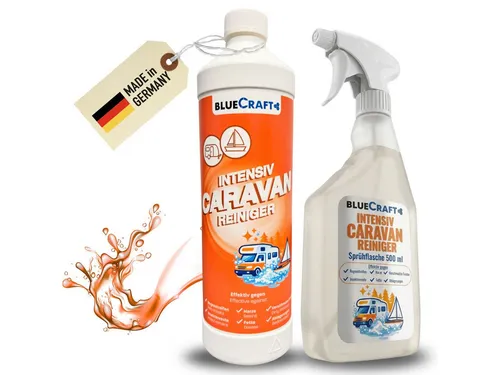 BlueCraft Caravan Reiniger für Wohnmobil & Wohnwagen - extra starkes Konzentrat Auto-Reinigungsmittel (1x 1 L Caravanreiniger + 1x 500 ml Sprühflasche auch für Acryl- & Plexiglas - hoch effektiv gegen Regenstreifen & mehr)