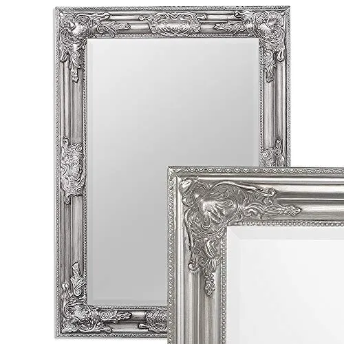 LEBENSwohnART Wandspiegel BESSA Silber antik 70x50cm barock pompös Spiegel Design Holzrahmen Schminkspiegel Frisierspiegel