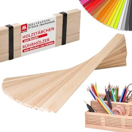 Metrie™ 25 Stück Robuste Rührhölzer, Holzstäbe zum Basteln 25.8 cm| Standard-Größe, Hochwertiges Buchenholz, 258 x 16 x 3 mm | Universal DIY Holzleisten | Kinder | Mischen von Farben und Dichtstoffen