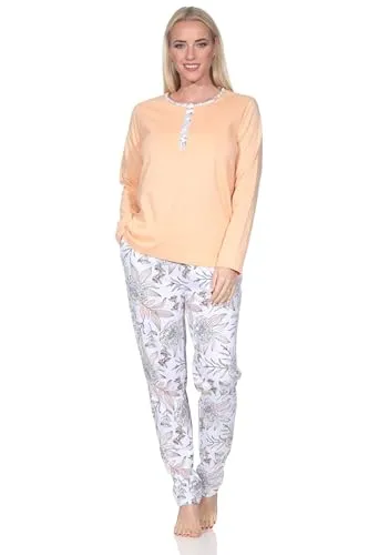 Normann Damen Pyjama Schlafanzug mit floralem Print - Übergrößen verfügbar, Farbe: apricot, Größe: 44-46 - Modischer Langarm-Pyjama mit floral bedruckter Hose und Oberteil in frischen Farben. Ideal für entspannte Nächte. Erhältlich in Übergrößen bis 60/62. Hochwertige Verarbeitung nach Ökotex-Standard für besten Tragekomfort.