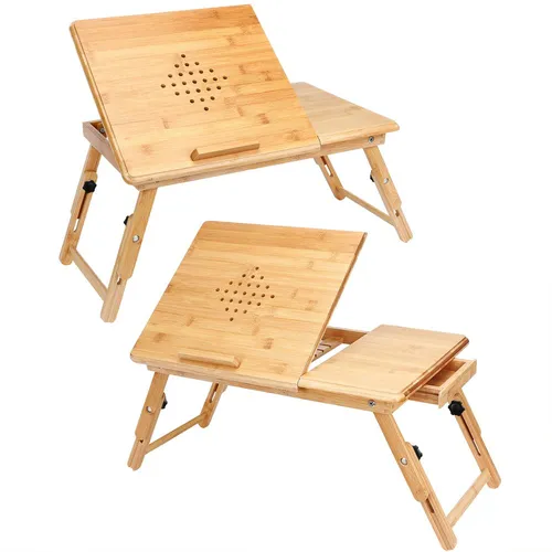 Laptoptisch Bambus 2er-Set - Belüftungslöcher & Schublade - Vielseitiger Laptoptisch aus umweltfreundlichem Bambus, höhenverstellbar und mit neigbarer Tischplatte für ergonomisches Arbeiten. Ideal für Zuhause oder im Büro!