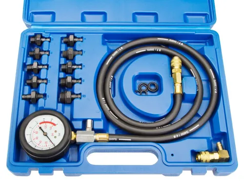 Öldrucktester mit Adaptern im Koffer - Kraftstoffdruckprüfer mit umfangreichem Adapter-Set für präzise Öldruckmessungen, ideal für Werkstätten und Heimschrauber.