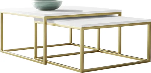 MIRJAN24 Couchtische Dual Gold Set, 2-tlg - Stylisches Couchtisch-Set in Gold und Arktischem Weiß, robust und modern mit Vierkantrohrrahmen aus Stahl, perfekt für jedes Wohnambiente.