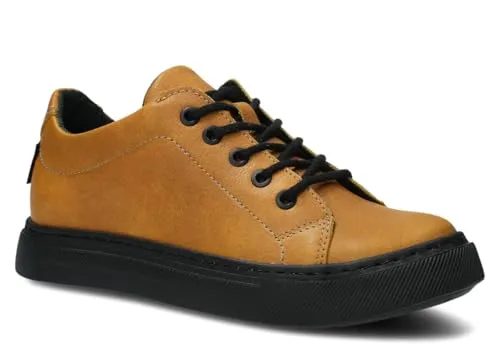 nagaba - Sneaker Damen - Halbschuhe Damen - Echtleder - Flache Schuhe, Sportschuhe, Bequeme Schnürschuhe, für Herbst, Frühling - Lederschuhe mit Leder-Einlegesohle - Gelb - 39