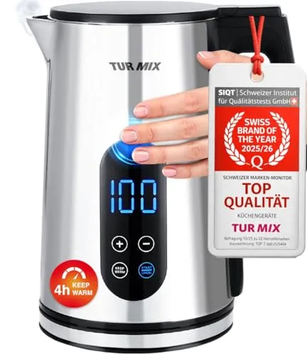 Turmix Wasserkocher mit Temperatureinstellung – 1,7L Digitaler Wasserkocher edelstahl mit LED-Anzeige, 40–100 °C, Warmhaltefunktion, Cool-Touch, 2200W