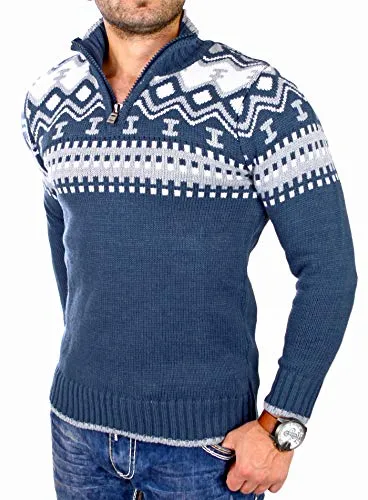 Reslad Herren Strickpullover RS-3110 Zipper Norweger Blau S
