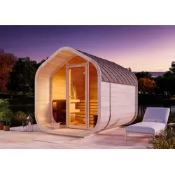FinnTherm Fasssauna ScandiCube Wave Comfort - Fasssauna in Naturbelassen, mit 42 mm Wandstärke für hohe Stabilität, großzügiger Glasfront und inkl. 3 hochwertigen Saunaliegen. Ideal für entspannende Saunagänge im eigenen Garten.