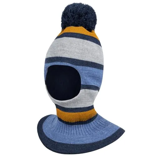 AJS Wintermütze Schalmütze Strickmütze Schlupfmütze warme Jungenmütze Bommelmütze, Farbe: Grau-Blau