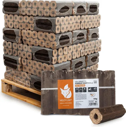 HEIZFUXX Holzbriketts PiniKay Octagon, 300 kg - Umweltfreundliche Heizlösung - Brennstoffe: Nachhaltige PiniKay Octagon Hartholzbriketts mit hoher Heizleistung, ENplus A1-zertifiziert, ideal für Kaminöfen, nahezu geruchsfrei und wenig Asche.