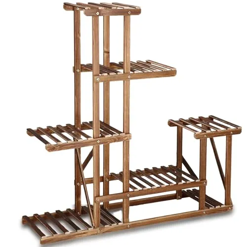 SPRINGOS Blumenständer Pflanzentreppe 6 Ebenen Pflanzenregal Holz Blumentreppe Indoor Outdoor Landhausstil für Balkon & Wohnzimmer