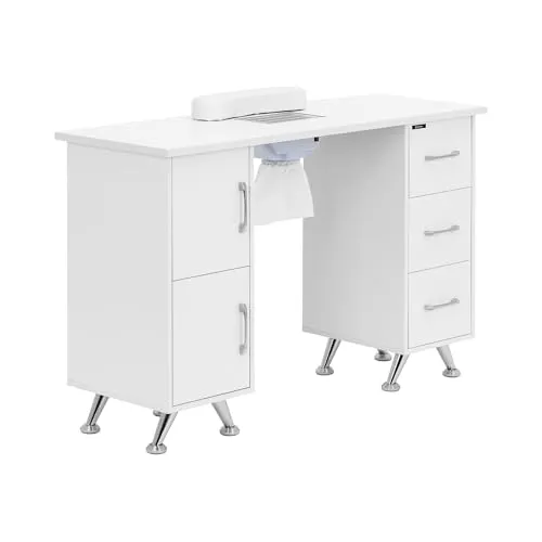 Physa Schminktisch Nageltisch Weiß/Silbern mit Absaugung - Schminktisch - eleganter Nageltisch in Weiß/Silbern mit 3 Schubladen und integrierter Staubabsaugung für eine hygienische Arbeitsumgebung im Nagelstudio.