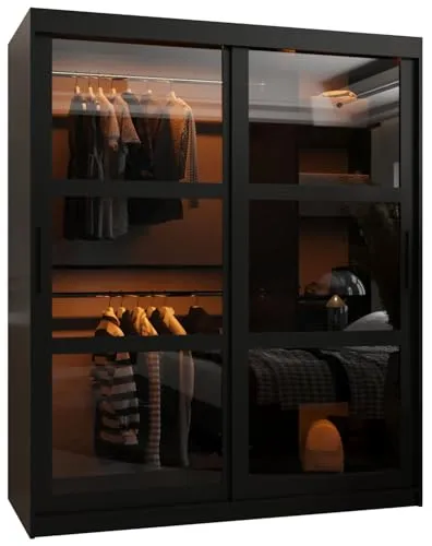 MEBLE KRYSPOL Dome Schrank mit Spiegel - Moderner Kleiderschrank mit zwei Schiebetüren und Rauchglas, ideal für Schlafzimmer und Wohnzimmer - bietet viel Stauraum durch Regale und Stangen.