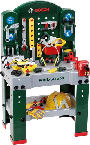 Theo Klein 8513 Bosch Werkstation - Coole Bosch-Werkbank mit Lernfunktion, inklusive Werkzeug und Montagefahrzeug. Fördert spielerisch Geschicklichkeit und Motorik für Kinder ab 3 Jahren. Maße: 61 cm x 44,5 cm x 101 cm.