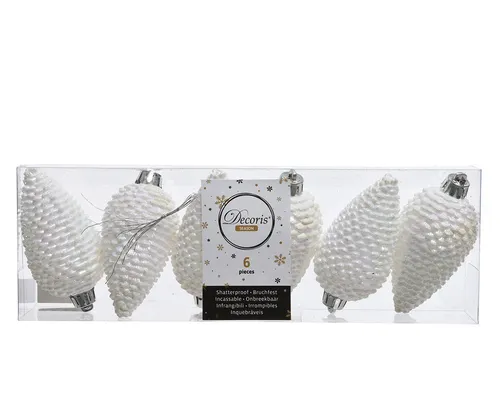 Kaemingk Christbaumschmuck, Christbaumschmuck Zapfen Kunststoff 8cm weiß irisierend, 6 Stück