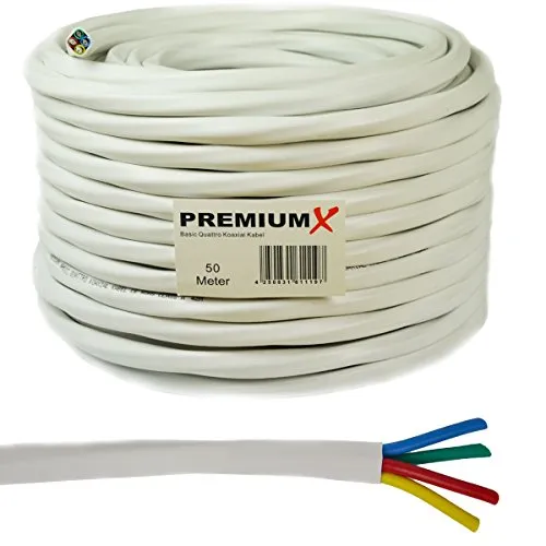 Premium X 50m Quattro Quad Koaxial SAT Kabel 90dB - HiFi-Kabel mit 4 einzeln geschirmten Leitungen für optimale Signalübertragung, ideal für Quattro oder Quad LNB zu Multischalter, 2-fach geschirmt für höchste Qualität.
