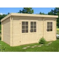 Alpholz Gartenhaus Maria mit Anbau - Naturbelassen 450x279 cm - Gartenhäuser, robustes Blockbohlen-Design aus nordischer Fichte, ideal für kreative Gartenprojekte und Lagerung.