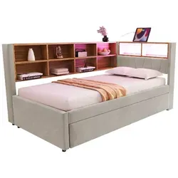 Schlafsofa(hellgrau)Ausziehbett,ausgestattet mit LED Leuchten,Steckdosen und vielen Ablagefächern,Polsterbett,Multifunktionsschlafsofa,Einzelbett