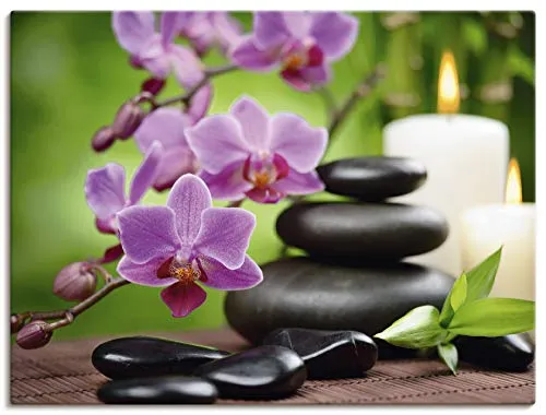 ARTLAND Wanddeko Leinwand Bilder Wandbild 60x45 cm Zen Asien Asiatisch Wellness Spa Kerzenlicht Natur Steine Kirschblüte T5OM