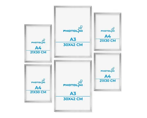 PHOTOLINI Bilderrahmen 6er Set Modern Schmal 30x42 cm / A3 und 21x30 cm / A4, (6 Rahmen), MDF Holz, bruchsicheres Acrylglas & Zubehör, für Fotos & Poster