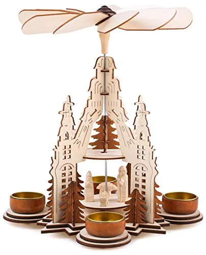 BRUBAKER Weihnachtspyramide Kathedrale 29 cm - Teelichtpyramide mit Maria, Josef und Jesus - Teelichthalter aus Holz und Metall, 2 Etagen mit traditioneller deutscher Schnitzkunst. Erleben Sie festliche Stimmung mit flackerndem Lichtspiel in der Weihnachtszeit.
