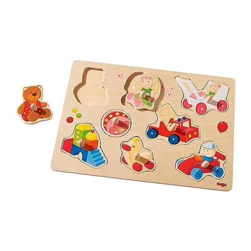 HABA 301963 - Greifpuzzle Meine ersten Spielzeuge , Holzspielzeug ab 12 Monaten , 8-teiliges Puzzle aus Holz mit bunten Spielzeugmotiven , Mit großen Knöpfen zum Greifen