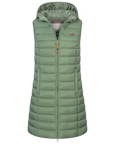 Geographical Norway Damen Stepp weste Kapuze Übergangs Herbst Winter Windbreaker Lang, Farbe:ALMOND GREEN, Größe:XL (42)