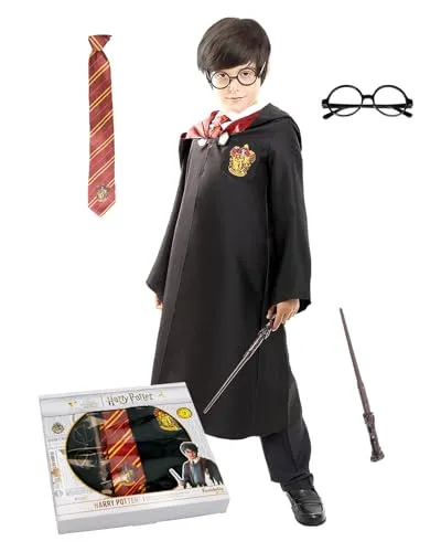 Funidelia Offizielles Harry Potter Kostümset für Jungen und Mädchen mit Umhang, Krawatte, Brille und Zauberstab, Gryffindor Umhang Hogwarts, Karneval, Halloween und Partys – Größe 3-4 Jahre