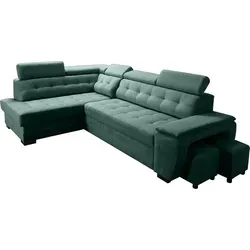 Robin Grand Ecksofa mit Schlaffunktion und Bettkasten - Flaschengrün - Stylisches Ecksofa in L-Form mit Schlaffunktion und Bettkasten, ideal für Familien und Gäste. Komfortable Kopfstützen und pflegeleichte Materialien sorgen für ein modernes Wohnambiente.