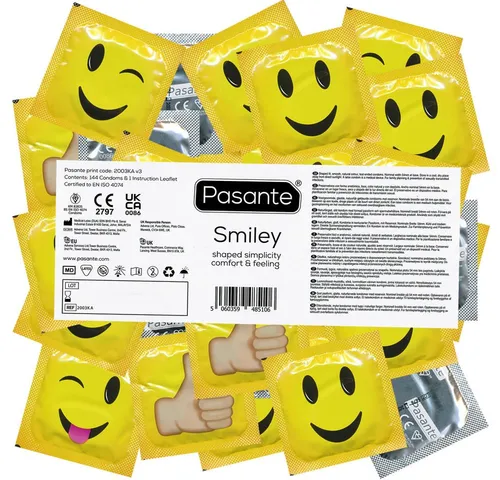 Pasante Kondome Smiley (Motivkondome mit freizügiger Comfort-Form) Packung mit, 144 St., witzige Kondome, ideal für Junggesellenabschiede, Geschenk für Männer, Vorratspackung, bedruckte Siegelfolien