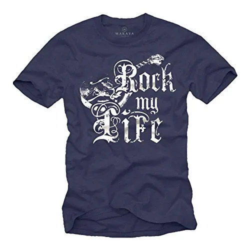 MAKAYA Vintage Band T-Shirt für Herren Blau Rock My Life Gitarre Größe XXXL