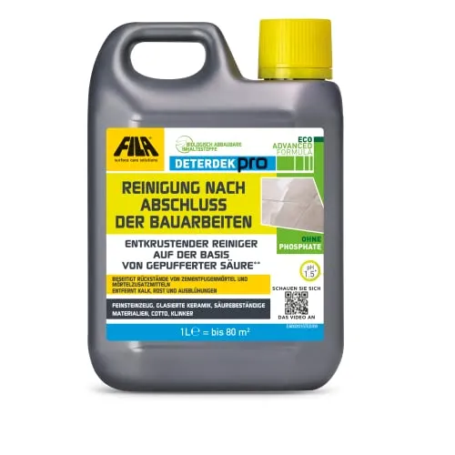 FILA Surface Care Solutions, DETERDEK PRO, Antifouling-Reiniger auf Basis gepufferter Säure: Hervorragend zur Reinigung nach Bauarbeiten zur Entfernung von Zementresten, Wirksam gegen Rost, 1L