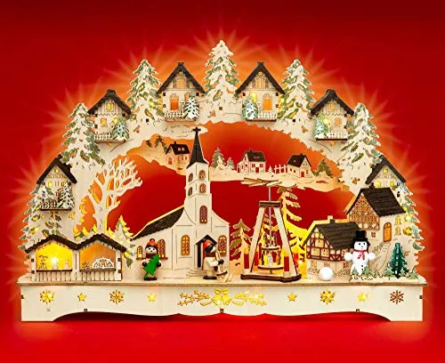 SIKORA LB71 beleuchteter LED Holz Schwibbogen WEIHNACHTSDORF - Weihnachtlicher Zierschmuck, handgefertigter Lichterbogen mit 18 stromsparenden LEDs für festliche Stimmung, inklusive Transformator für einfachen Anschluss.