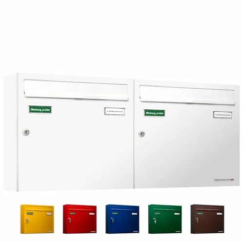 AL Briefkastensysteme Basic 2er Briefkasten RAL 9016 - Wetterfestes 2er Briefkastensystem für DIN A4, mit lebenslanger Garantie gegen Durchrostung und praktischem Posthaltebügel – ideal für Mehrfamilienhäuser.