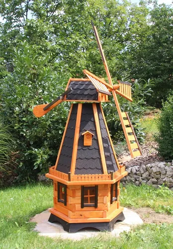 Holzdekoladen Deko-Windrad mit Solarbeleuchtung 1,45 m