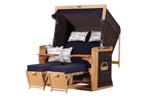 deVries PURE® Strandkorb Friesland Sylt XL - PE stone grey - Dessin 197, BxTxH: 135x90x165 cm, Volllieger, Nordsee-Strandkorb, Teakholz - PE-Markengeflecht - bequeme Polster - Schutzhülle