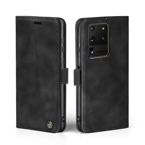 LBH Handyhülle für Samsung Galaxy S20 Ultra 5G in Schwarz mit Karten- und Geldfach Smartphone Hülle mit Standfunktion Flip Case Schutzhülle Magnetverschluss Vintage