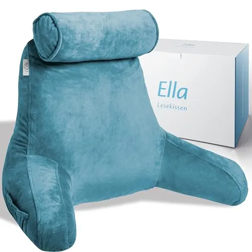 Ella Lesekissen für Bett und Sofa mit Abnehmbarer Nackenrolle - Rückenkissen Bett - Reading Pillow aus Memory Foam mit Armlehne, Ideal zum Lesen, Fernsehen, Faulenzen oder als Rückenstütze - Blau