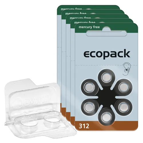 Varta Ecopack Hörgerätebatterien PR41 braun 312 + Transportbox für 2 Zellen 30