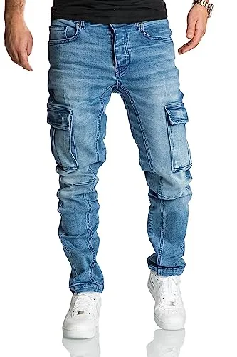 REPUBLIX Herren Cargo Jeans Regular Slim Denim Hose Destroyed R7977 Hellblau W31/L32